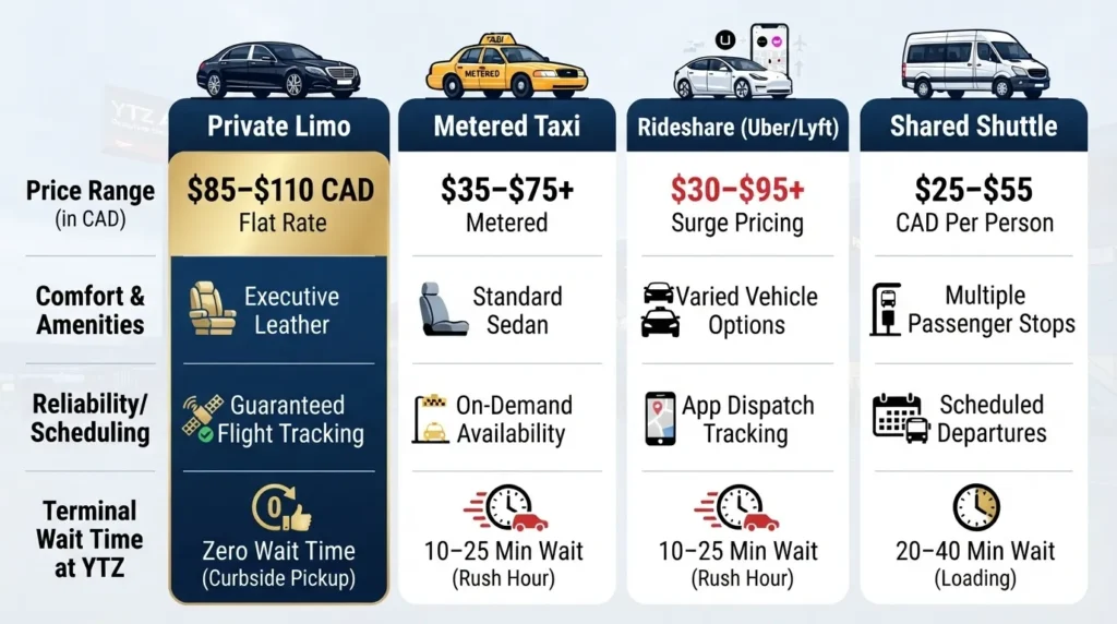 An infographic comparison chart highlighting Billy Bishop Airport (YTZ) transport options including Private Limo flat rates, Metered Taxi, Rideshare, and Shared Shuttle services with costs, comfort, and wait times.