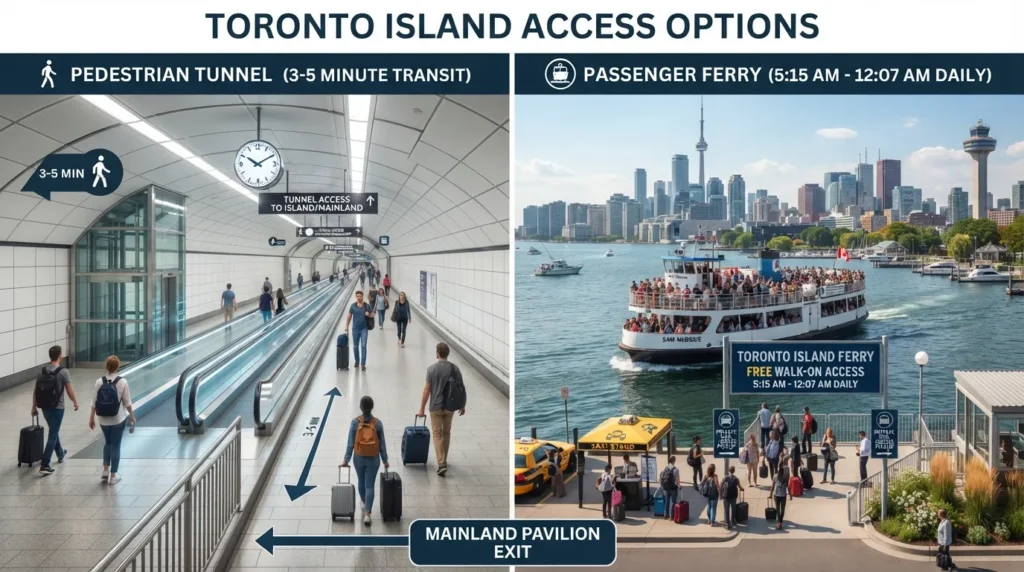 Traveler walking through the Billy Bishop Airport underground pedestrian tunnel and boarding the passenger ferry at Eireann Quay.