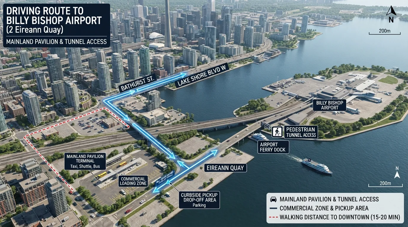 Map and directional signage showing the Billy Bishop Toronto City Airport mainland pavilion pickup location at 2 Eireann Quay and Bathurst Street.