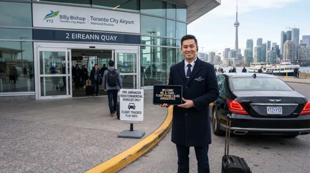 Professional chauffeur waiting with a name sign outside the Billy Bishop Toronto City Airport mainland pavilion exit at 2 Eireann Quay.