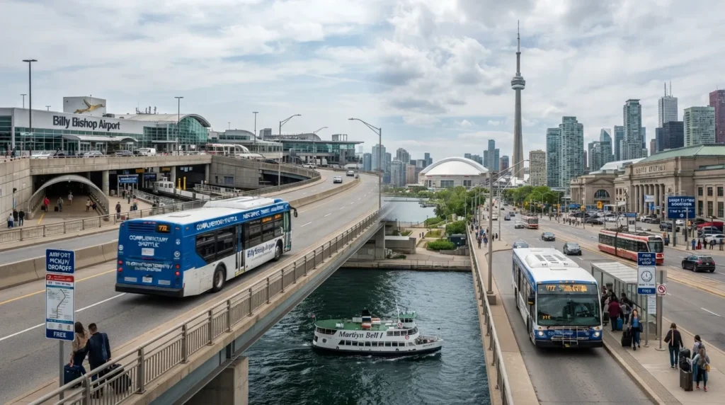 Billy Bishop Airport shuttle showing the free shuttle route, schedule, stops, and connection between the airport and downtown Toronto