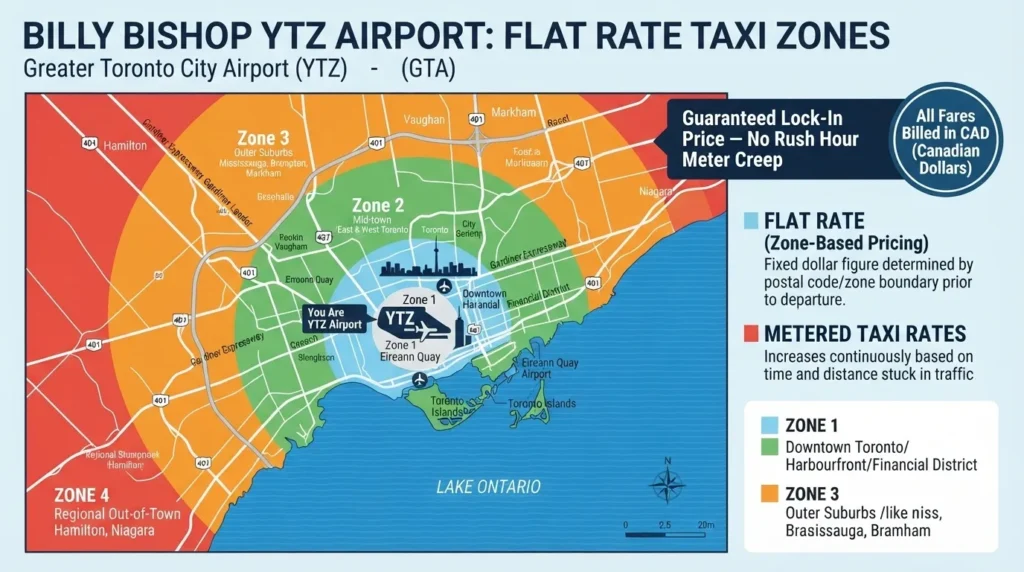 A map illustrating the flat rate taxi and limo zones for Billy Bishop Toronto City Airport (YTZ), detailing Zones 1, 2, 3, and 4 across the Greater Toronto Area.