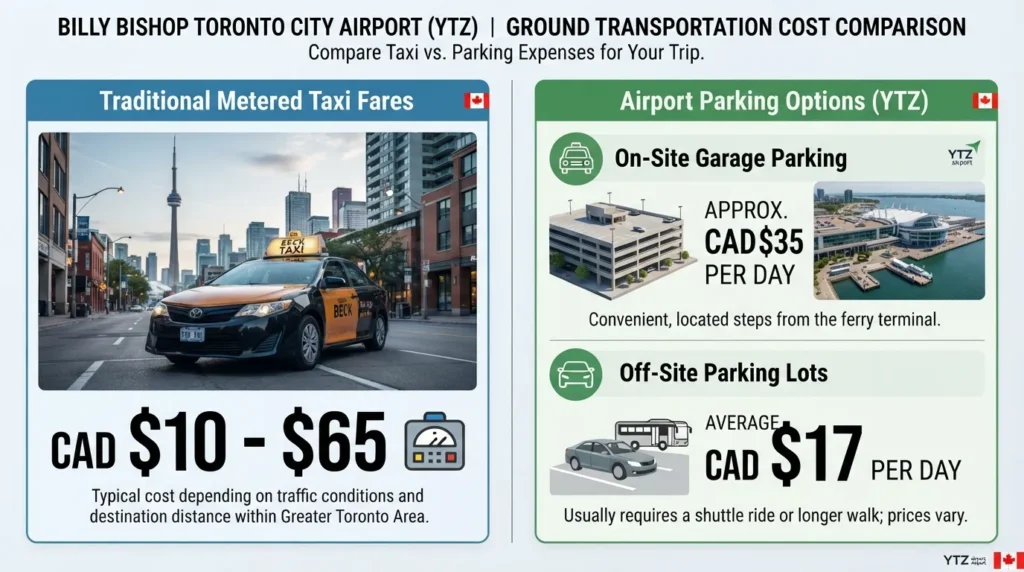 Comparison chart showing metered taxi costs ranging from 10 to 65 CAD and daily on-site versus off-site parking rates at Billy Bishop Toronto City Airport.