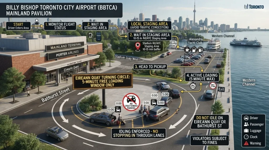 Infographic showing Billy Bishop Airport passenger pickup rules, including the 5-minute free loading zone at 2 Eireann Quay and Stadium Road staging areas.