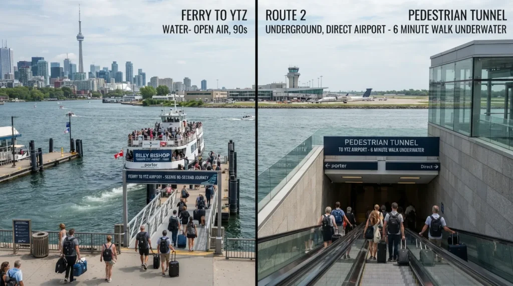 Billy Bishop Airport ferry crossing beside the pedestrian tunnel, showing the two options for reaching the airport terminal