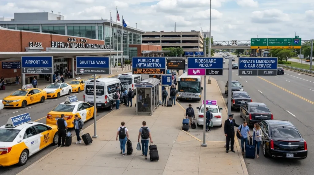 Buffalo Airport ground transportation options including taxis, shuttles, public transit, rideshare, and private limo services with cost comparison
