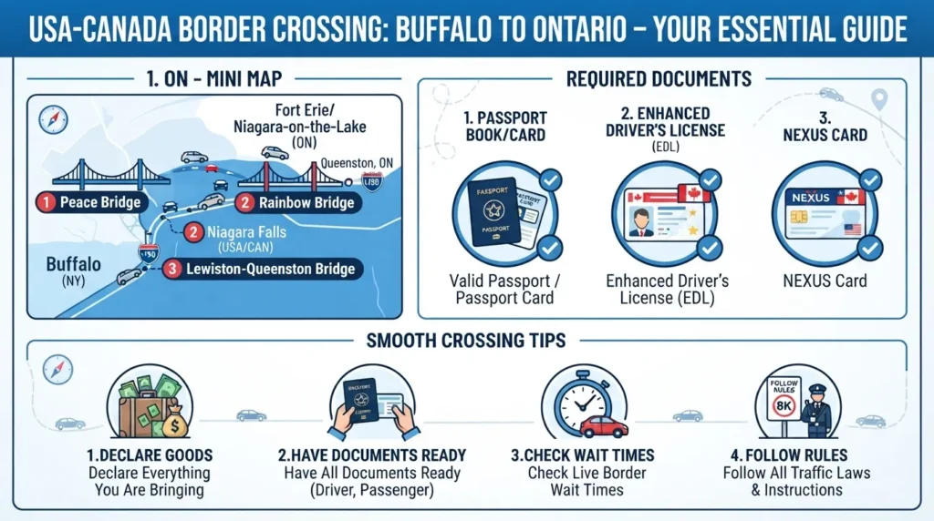 Map style infographic showing the three Buffalo to Canada border crossing bridges, required travel documents, and border crossing tips for 2026