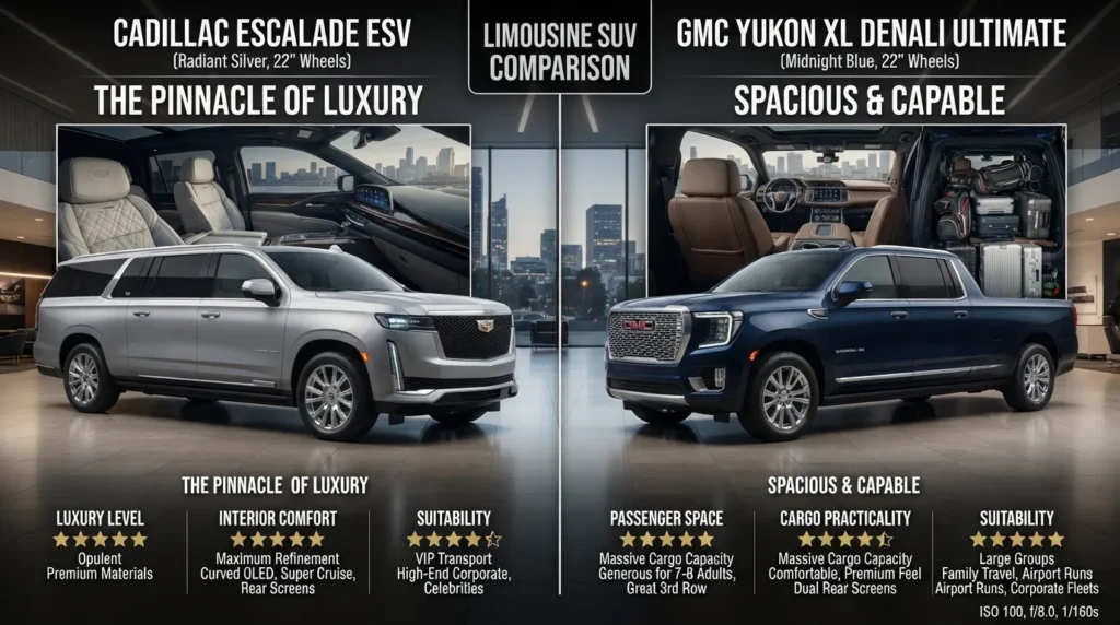 Side-by-side Cadillac Escalade and GMC Yukon XL showing their luxury, passenger space, and limo suitability