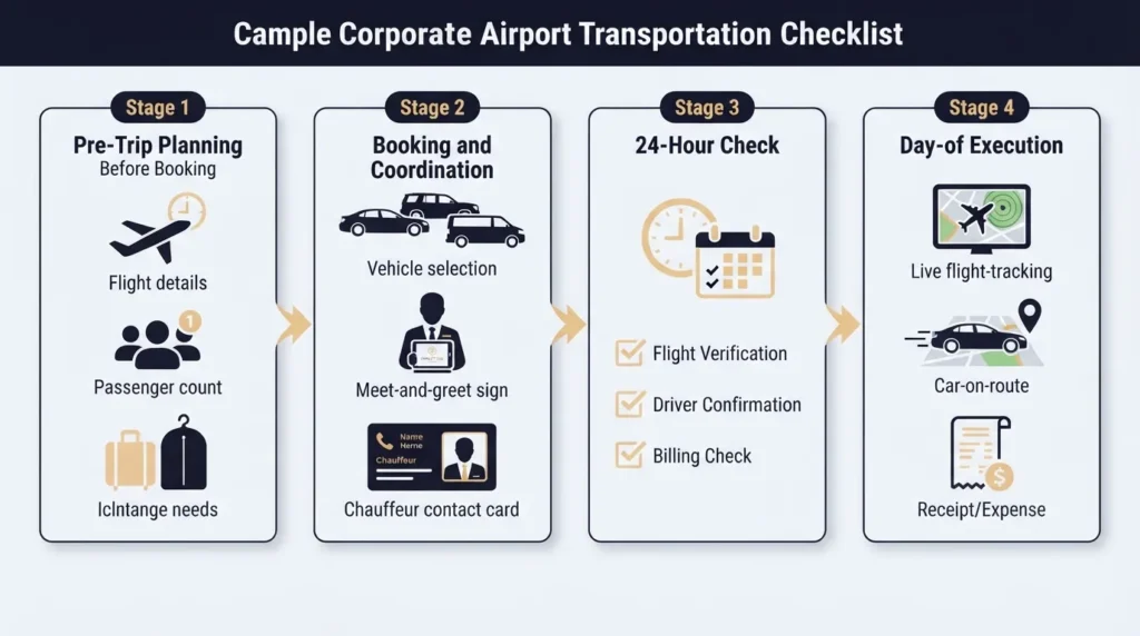 Infographic showing a corporate airport transportation checklist with four stages: pre-trip planning, booking and coordination, 24-hour check, and day-of execution for executive travel