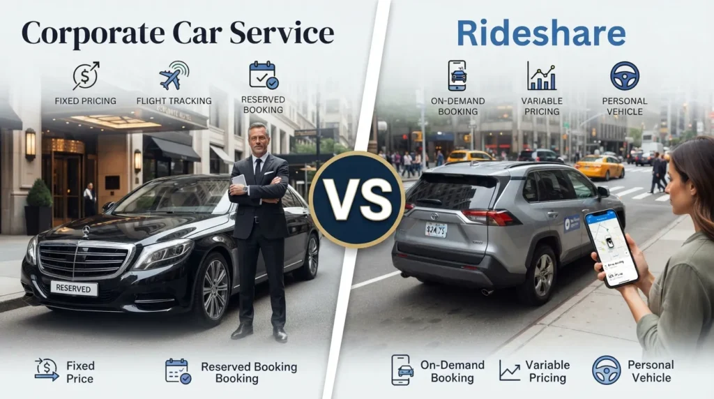 Split comparison graphic showing a chauffeur-driven corporate car on one side and a rideshare vehicle on the other, representing the choice business travelers face between corporate car service and rideshare.