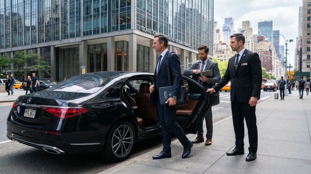 Executive team boarding a luxury sedan during a corporate financial roadshow, representing organized multi-stop transportation planning between investor meetings