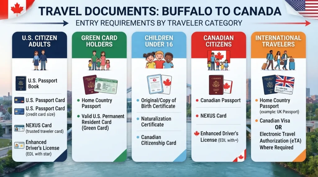 Chart showing required travel documents for crossing from Buffalo to Canada, including passport, NEXUS card, Enhanced Driver's License, and birth certificate for children