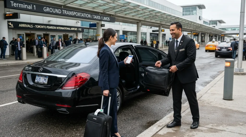 Executive sedan airport limo in Toronto showing professional airport pickup, pricing considerations, and business travel service
