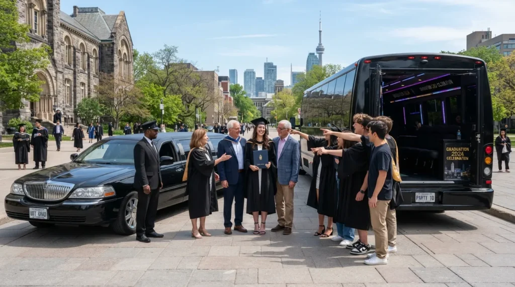 Graduation limo rental in Toronto showing a stretch limousine and larger party bus options for different group sizes