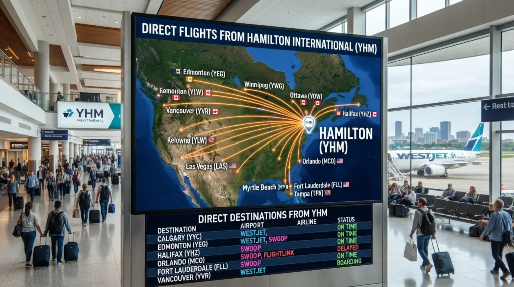 Real image showing Hamilton Airport YHM direct flight destinations and nonstop routes available from the airport.