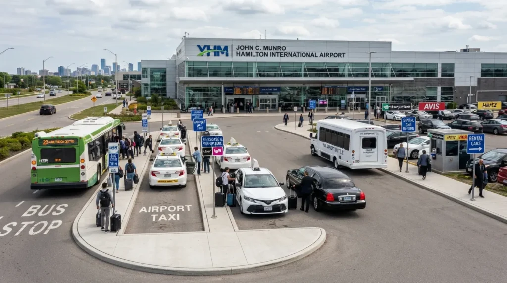 Hamilton Airport ground transportation options including bus, taxi, rideshare, shuttle, limo, and rental car