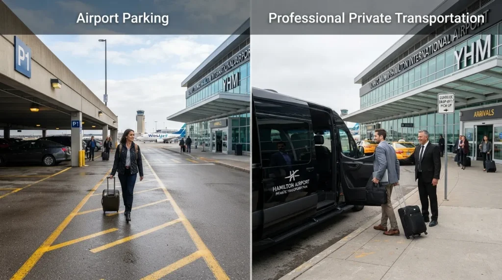 Comparison of Hamilton Airport parking and private transportation showing a parked car at YHM airport versus a private airport limo pickup
