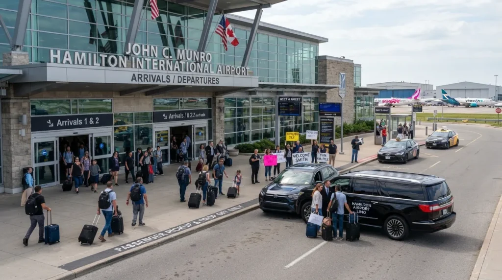 Hamilton Airport pickup and drop off area showing vehicles arriving, passengers meeting drivers, and curbside airport access
