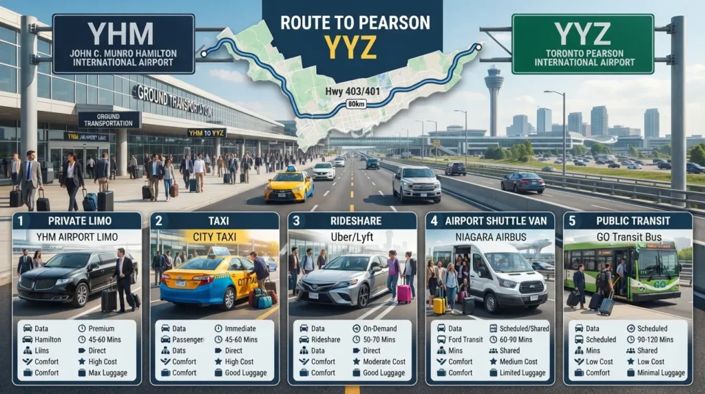 Travel options from Hamilton Airport to Toronto Pearson including shuttle, limo, taxi, rideshare, and public transit