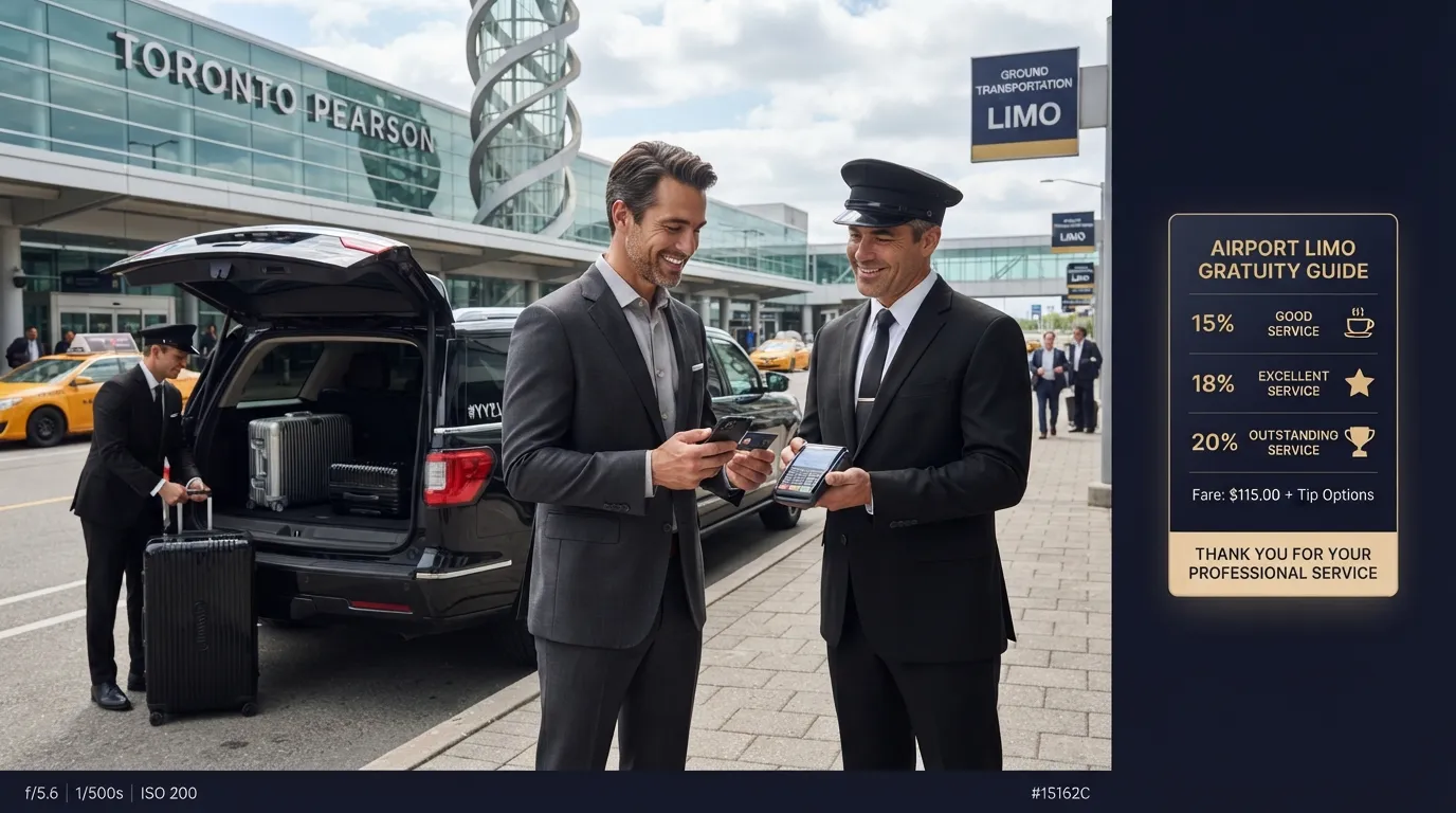 Airport limo passenger in Toronto reviewing chauffeur tipping amount with a gratuity guide showing 15% to 20% tip recommendations