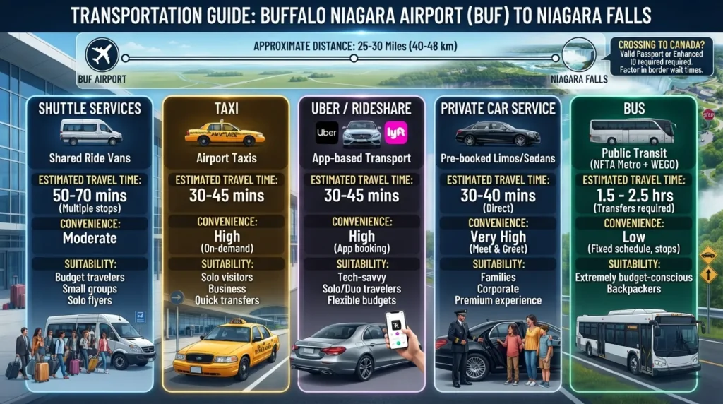 Comparison image showing transportation options from Buffalo Niagara International Airport to Niagara Falls, including shuttle, taxi, Uber, private car, and bus, with estimated travel times and route directions.