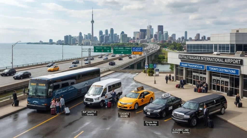 Transportation options from Buffalo Airport to Toronto, including bus, shuttle, taxi, private car, and limo