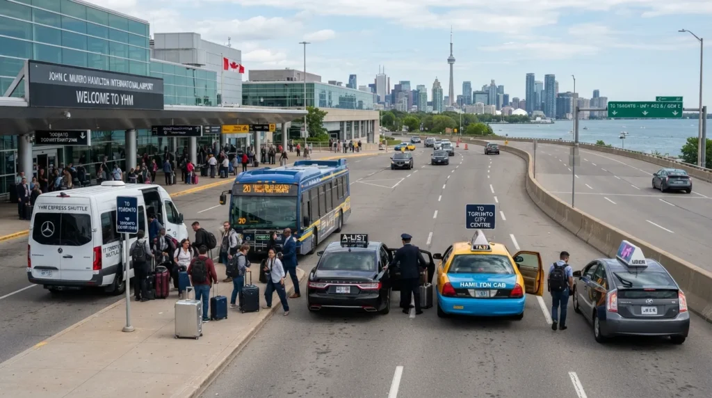 Travel options from Hamilton International Airport to Toronto, including shuttle, bus, private car, taxi, and rideshare transportation