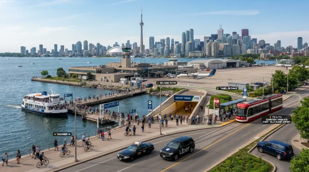 Travelers reaching Billy Bishop Airport using transportation options including pedestrian tunnel, ferry, TTC, taxi, Uber, and private airport transfer in Toronto