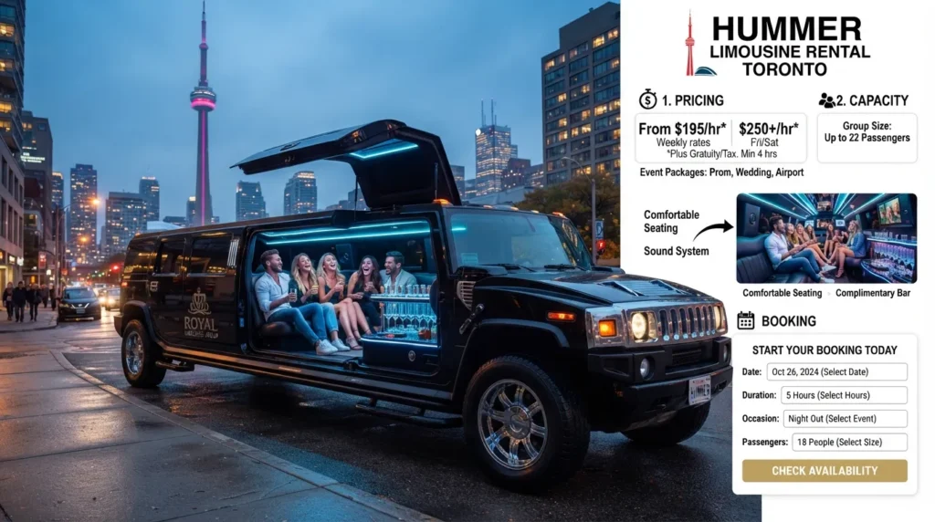 Hummer limo rental in Toronto showing spacious passenger seating, typical group capacity, and key booking considerations