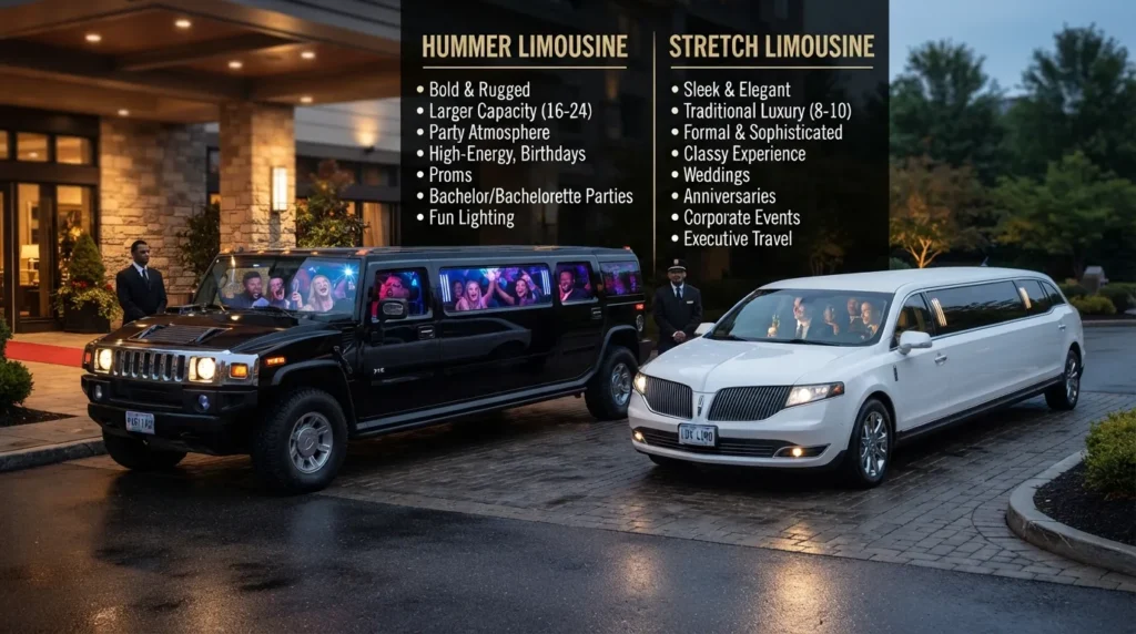 Hummer limo and stretch limo shown side by side for comparing style, passenger capacity, and event suitability