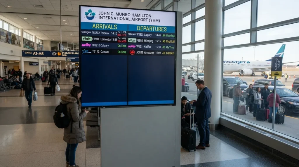 John C. Munro Airport arrivals and departures display showing live flight status information, arrival times, departure schedules, and airport terminal details