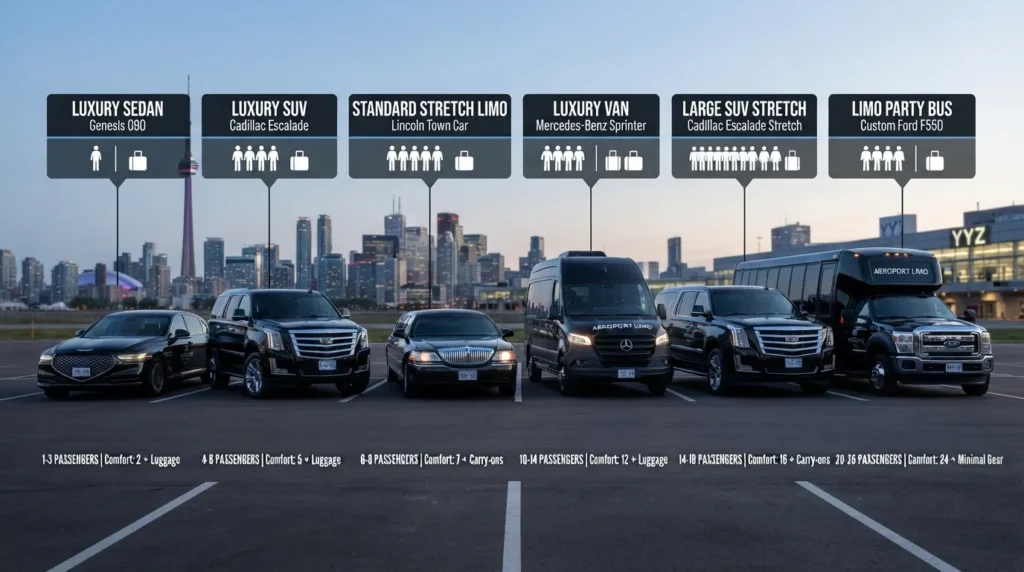 Toronto limo fleet passenger capacity chart comparing luxury sedans, SUVs, stretch limousines, Sprinter vans, and limo buses by group size