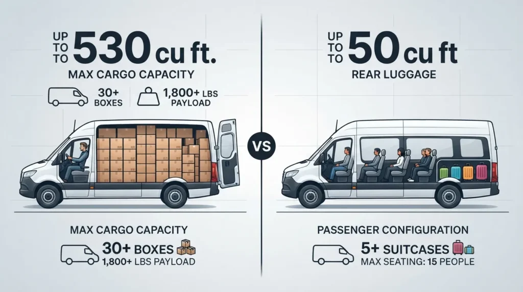 Infographic comparing Mercedes Sprinter luggage capacity in cubic feet across cargo van and passenger van configurations, showing suitcase count and available storage space