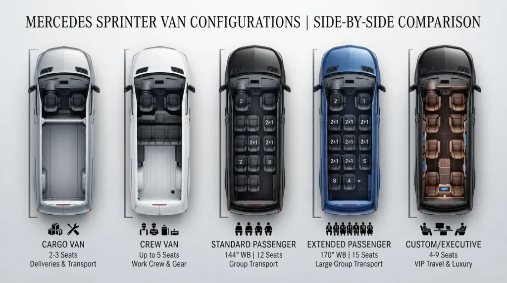 Diagram showing Mercedes Sprinter van seating capacity by type, including cargo, crew, standard 12 passenger, extended 15 passenger, and custom executive layouts