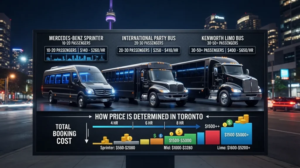Toronto party bus rental price guide showing hourly rates by vehicle size and passenger capacity