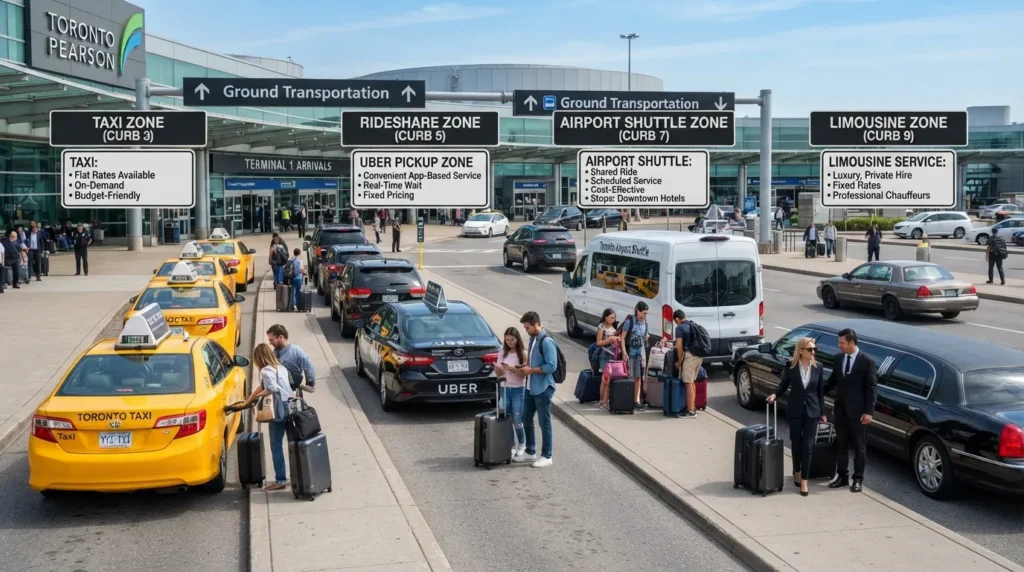 Traveler choosing Pearson Airport ground transportation options including taxi, Uber, shuttle, and limo services at Toronto Pearson Airport