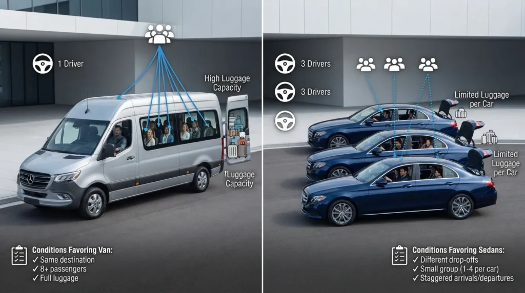 Side by side comparison of a Mercedes Sprinter passenger van and three separate sedans parked together, illustrating the choice between one large group vehicle and multiple cars for airport group transportation