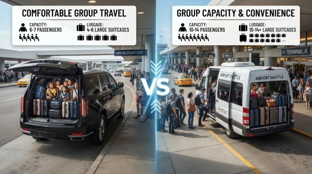 Side-by-side comparison of a Sprinter Van and an SUV parked for airport transportation, showing passenger seating and luggage space differences