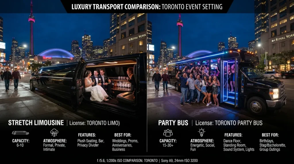 Side-by-side comparison of a stretch limousine and party bus for Toronto events, showing differences in group size, luxury, space, and event atmosphere