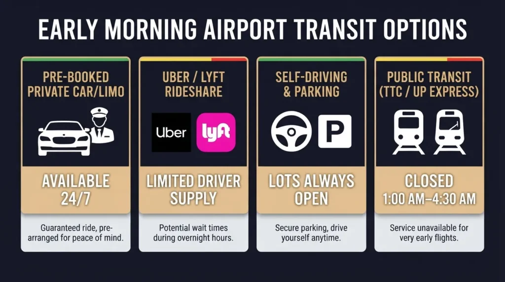 Infographic showing four transportation options to reach Toronto Pearson Airport for an early morning flight, including private car, rideshare, self-parking, and public transit availability