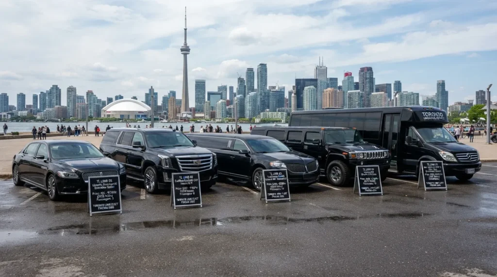Toronto limo fleet with sedan, luxury SUV, stretch limousine, and party bus showing different 2026 rental price ranges