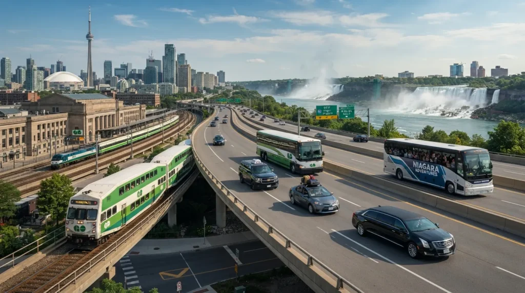 Toronto to Niagara Falls transportation options including bus, train, car, Uber, taxi, limo, and guided tour