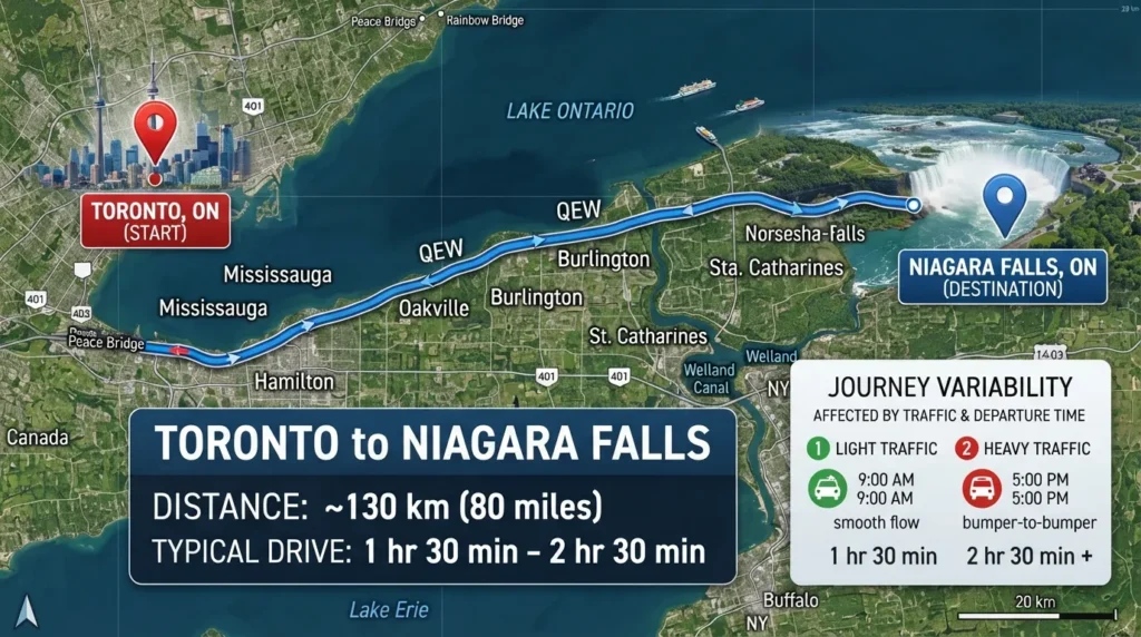Map showing the driving route from Toronto to Niagara Falls with approximate travel distance and journey time