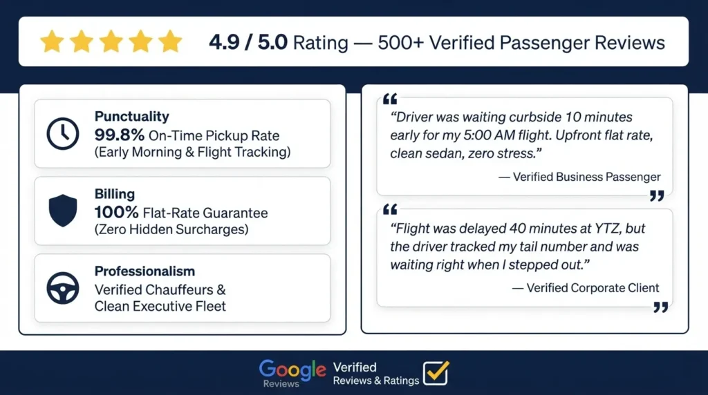 Infographic showcasing Billy Bishop Airport Limo Cost features with 4.9/5.0 Google Reviews rating, highlighting 99.8% On-Time Pickup Rate, 100% Flat-Rate Guarantee, and professional chauffeur services for YTZ Airport in Toronto.