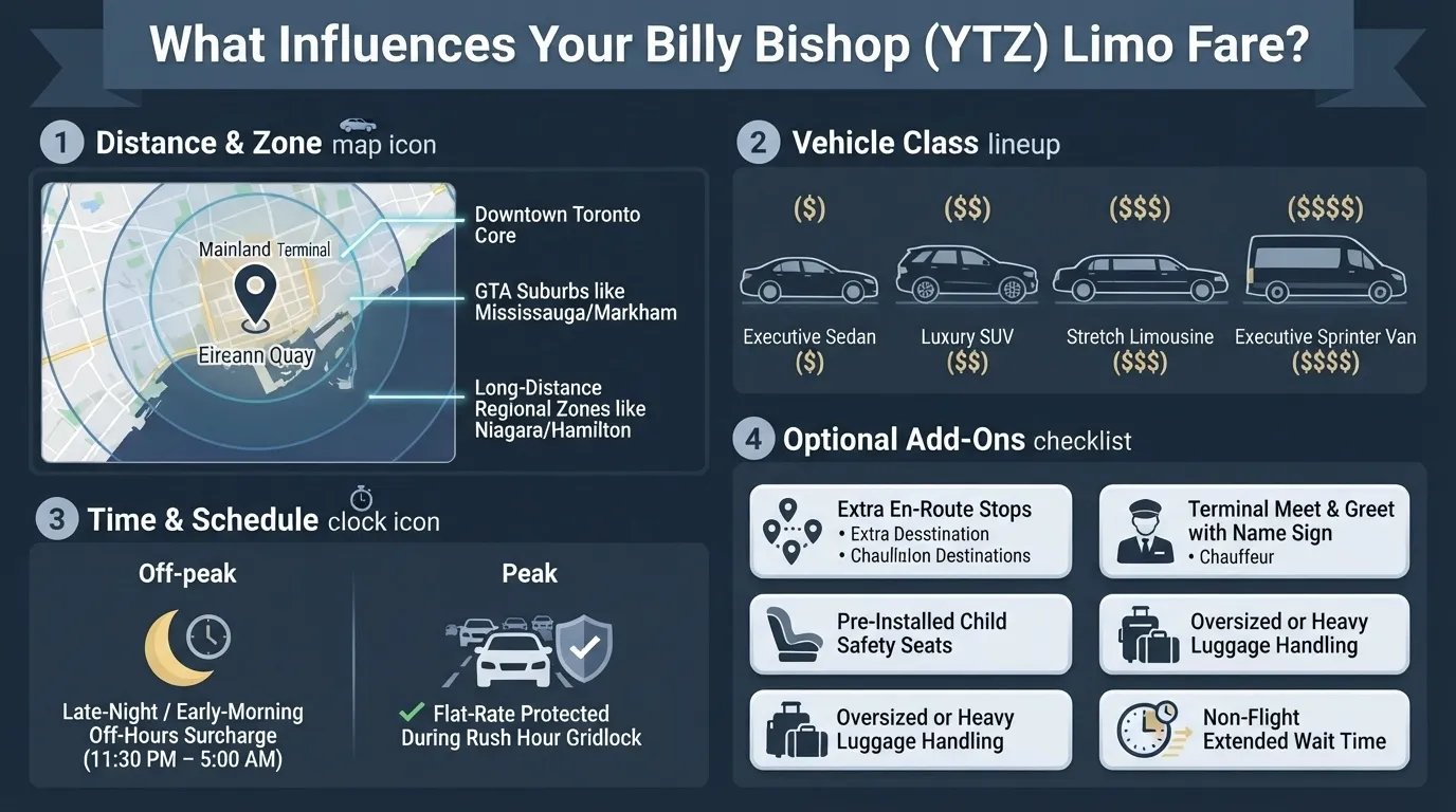 An informative infographic explaining the factors that influence Billy Bishop (YTZ) Airport Limo fares, including distance zones from Downtown Toronto to the GTA, vehicle options from executive sedans to luxury sprinter vans, off-peak and peak hour pricing, and optional add-ons like child seats and meet-and-greet services.