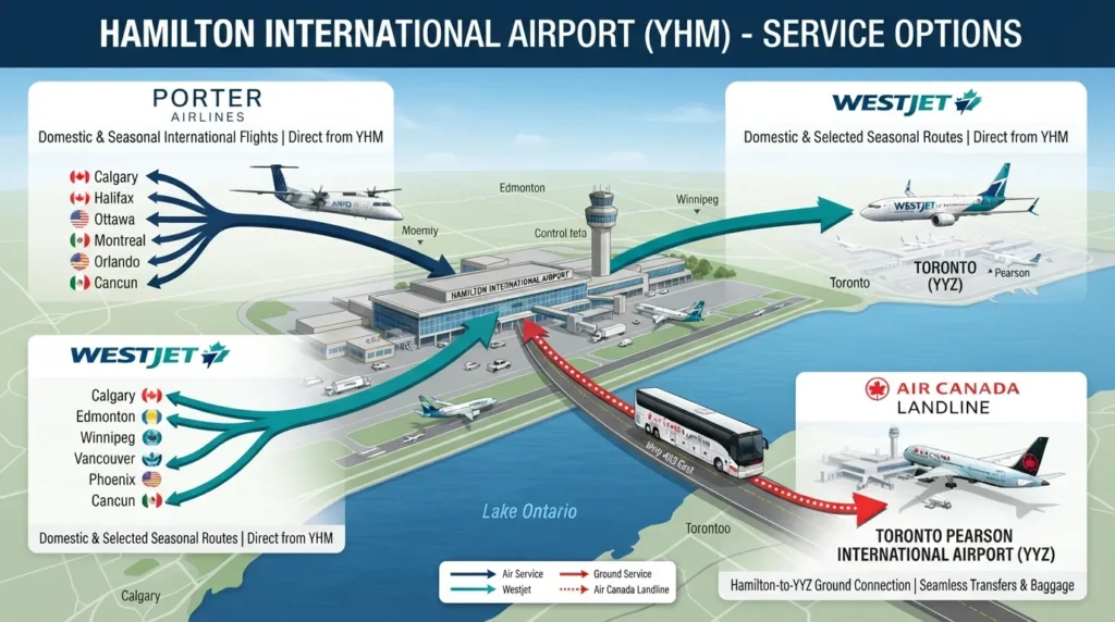 Porter Airlines, WestJet, and Air Canada Landline services available from Hamilton International Airport in 2026