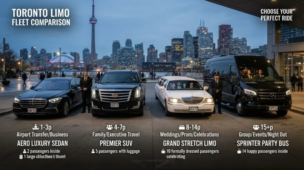 Toronto limo vehicle guide showing a luxury sedan, SUV, stretch limousine, and Sprinter for different group sizes and occasions