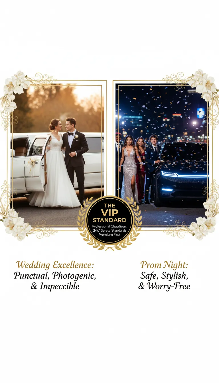 A professional service grid featuring a luxury airport sedan at Toronto Pearson, an elegant wedding limousine, a sleek corporate executive car, and a high-capacity party bus to represent VVIP Limo's core service offerings.