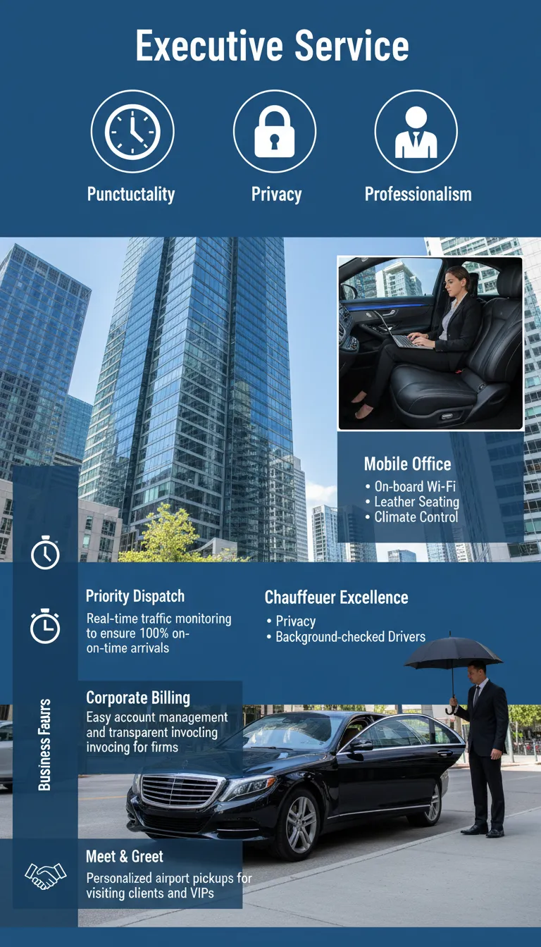 A professional chauffeur in a black suit opening the door of a pristine black executive SUV for a business professional, featuring a city skyline background and a laptop-ready luxury interior.