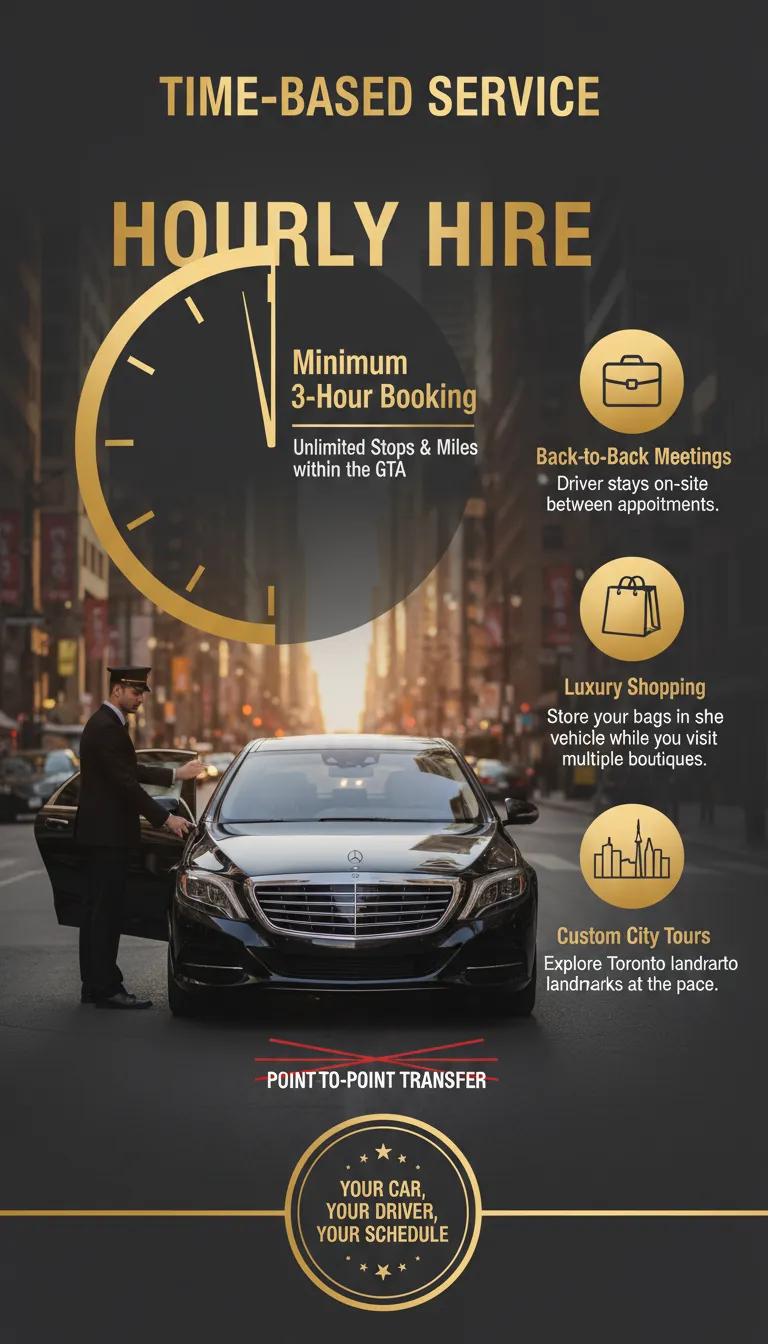A professional private chauffeur in a suit standing next to a luxury black SUV, with a graphic overlay showing a clock icon and text indicating flexible hourly booking for multi-stop city travel and business meetings.